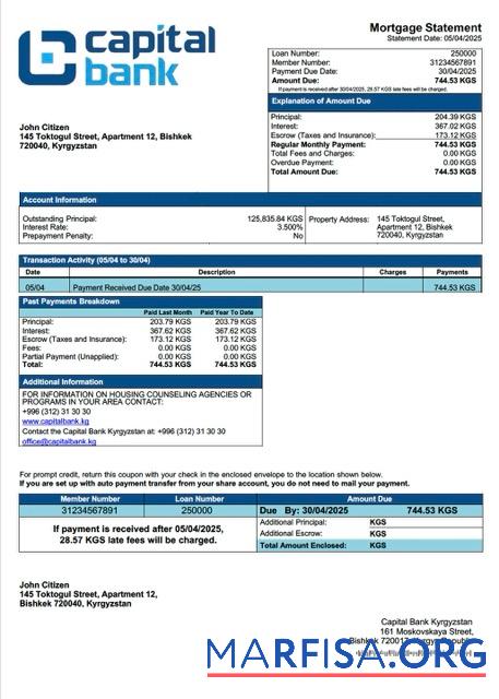 Blank Kyrgyzstan Capital Bank Kyrgyzstan mortgage statement Word and PDF template